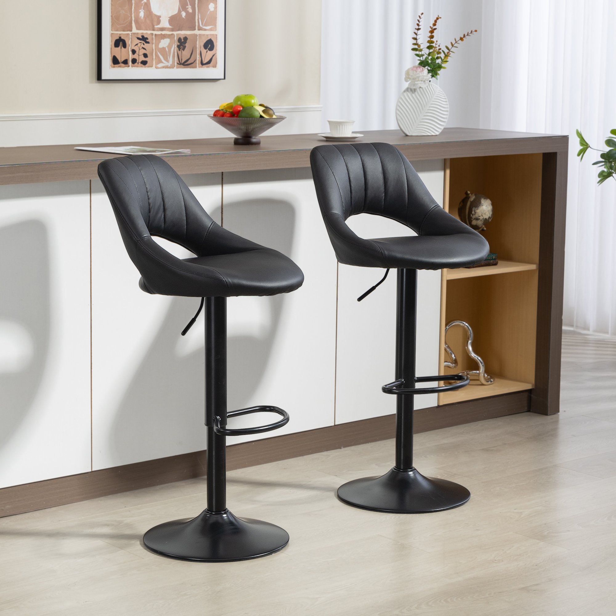 HOMCOM Set of 2 PU Leather Bar Stools with Adjustable Heigh and Footrest - Black - Image 2
