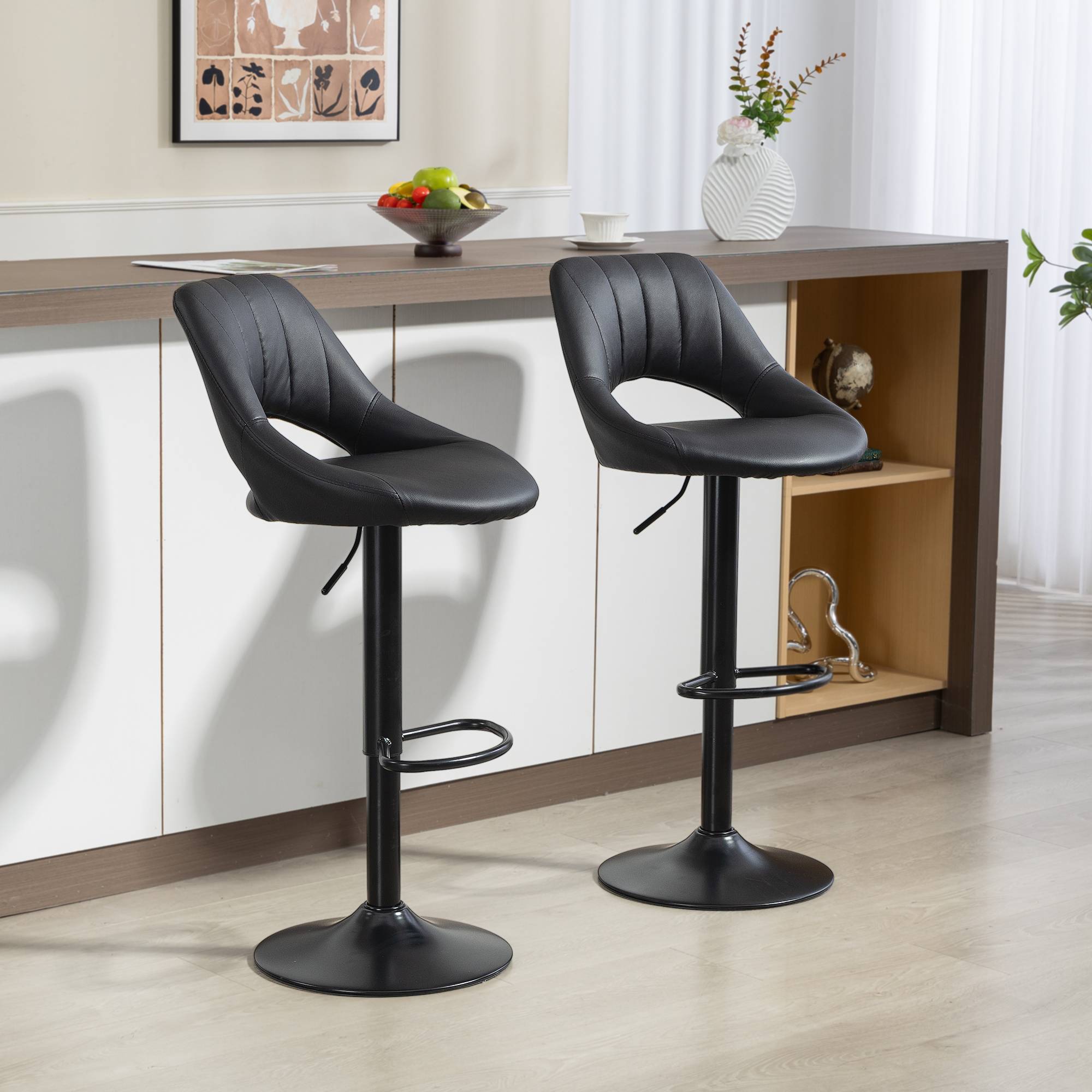 HOMCOM Set of 2 PU Leather Bar Stools with Adjustable Heigh and Footrest - Black - Image 2