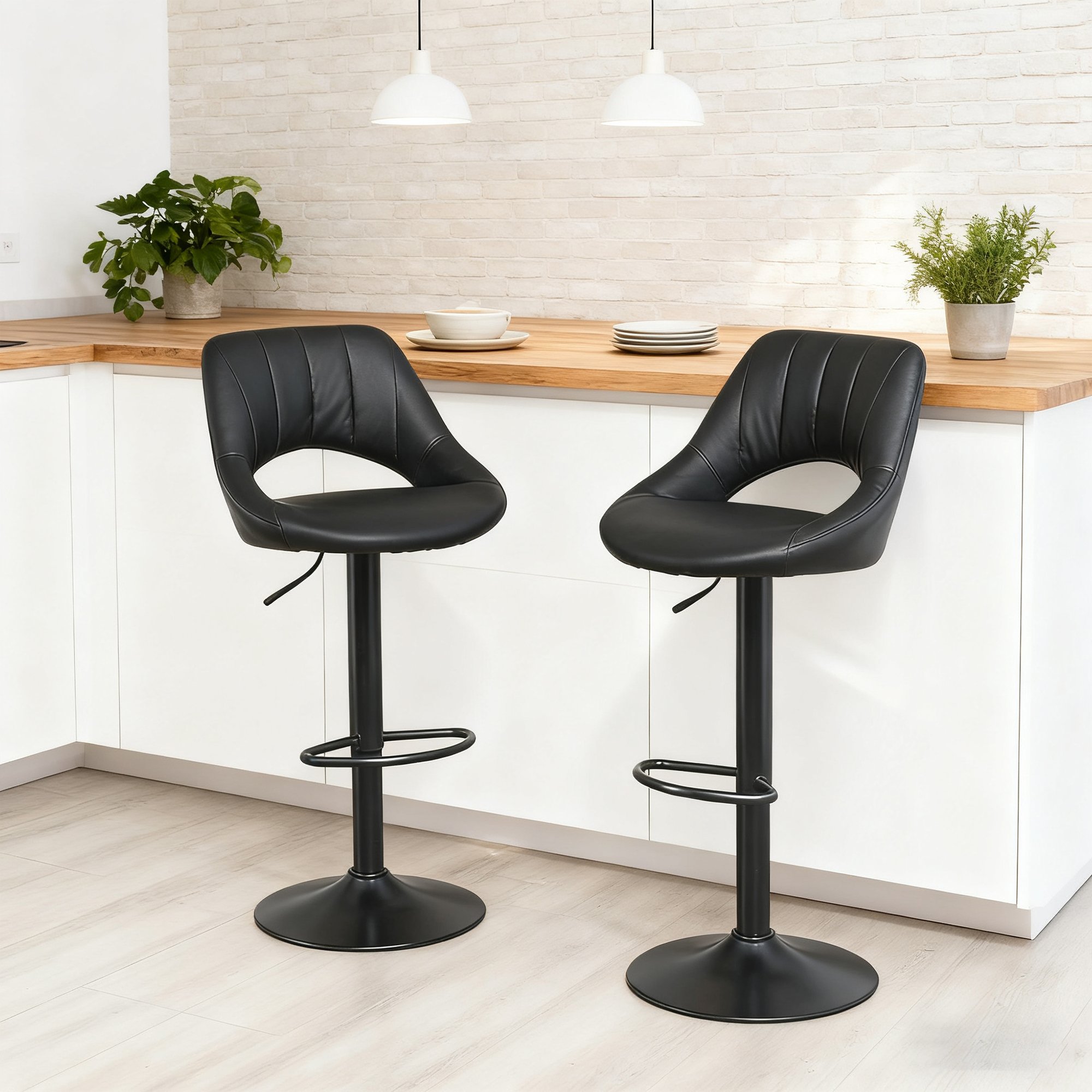 HOMCOM Set of 2 PU Leather Bar Stools with Adjustable Heigh and Footrest - Black - Image 4