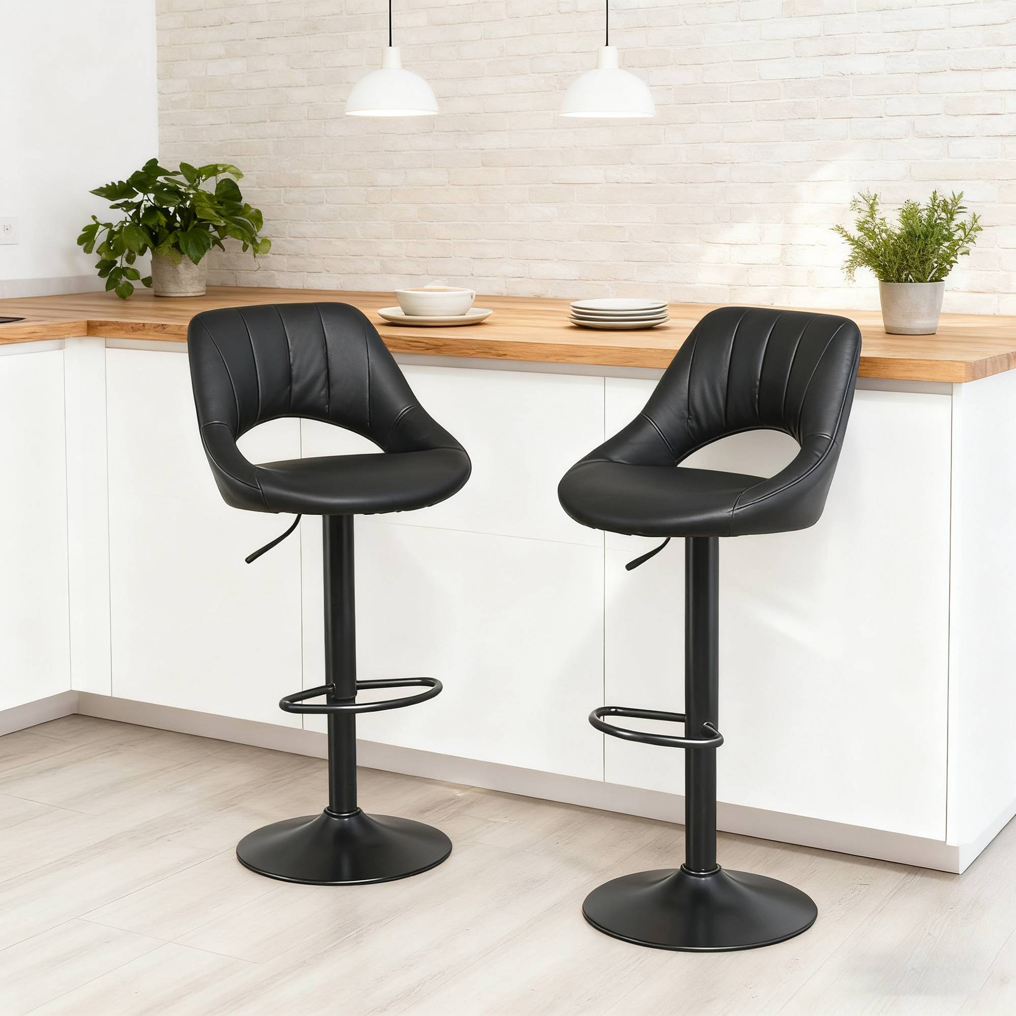 HOMCOM Set of 2 PU Leather Bar Stools with Adjustable Heigh and Footrest - Black - Image 4