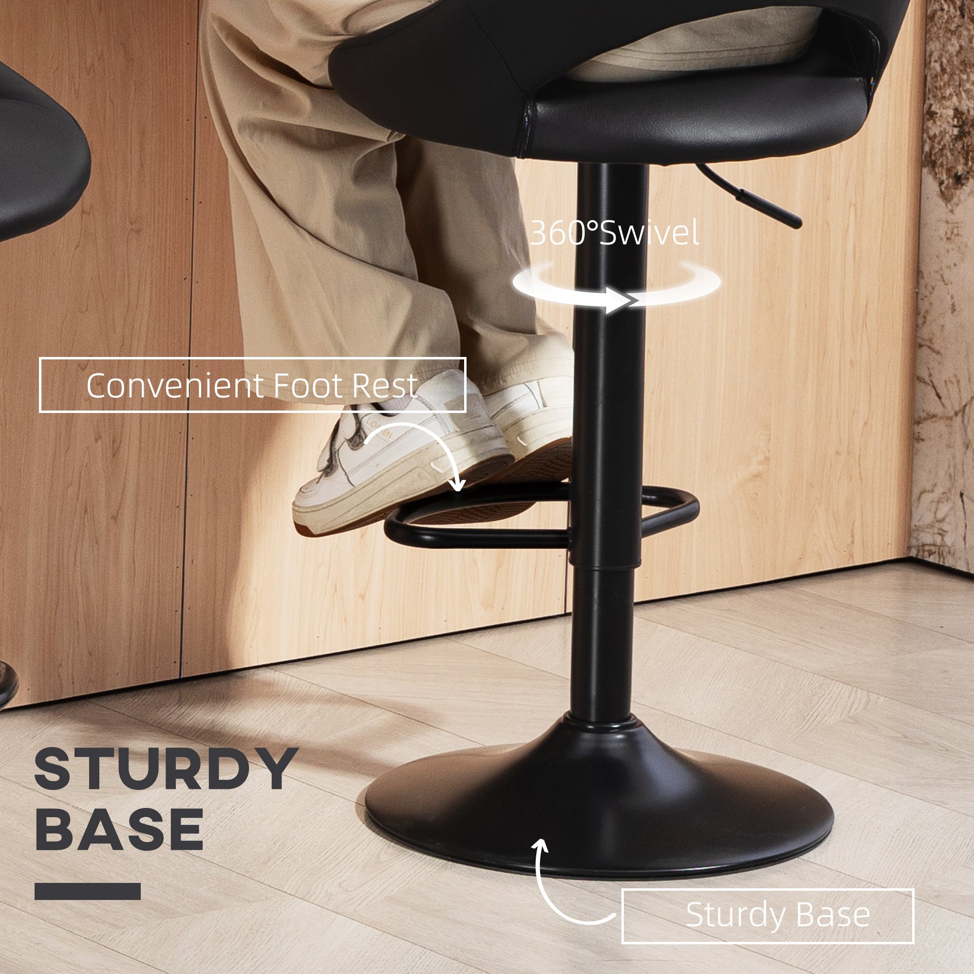 HOMCOM Set of 2 PU Leather Bar Stools with Adjustable Heigh and Footrest - Black - Image 5