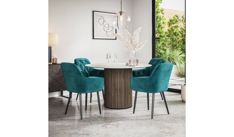 Furniture Online Arlo Anika Marble Top w Wal Legs Dining Table & 4 Blue Chairs