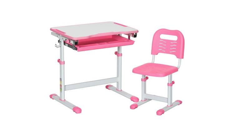 HOMCOM Adjustable Tilt Drawer Pen Slot Hook Kids Desk Chair Set - Pink