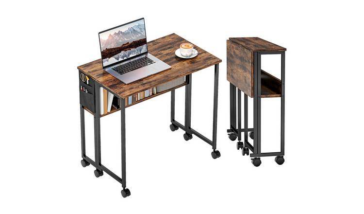 HOMCOM Foldable Office Desk with Storage Shelf - Rustic Brown