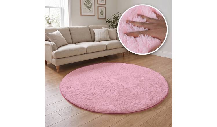 The Rugs Pink Lush Plain Washable Non Slip Shaggy Round Rug - 80cm