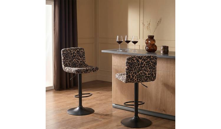 OHS Set of 2 Leopard Print Adjustable Velvet Bar Stools - Natural