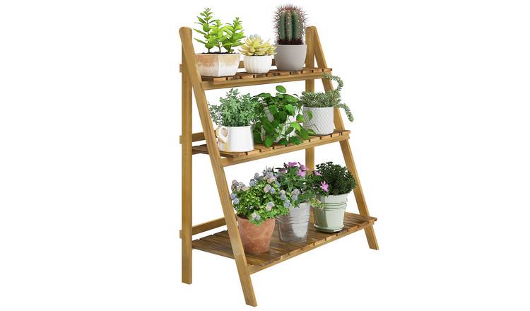 Outsunny 3 Tier Wooden Foldable Garden Planter with Storage Shelves - Brown