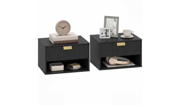HOMCOM Set of 2 Fluted Wall Mounted Bedside Table with Open Compartment - Black