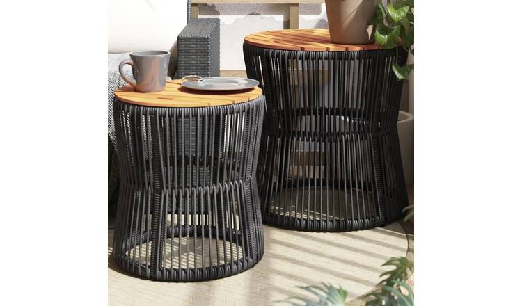 Walplus 2 Piece Poly Rattan Garden Side Tables with Wooden Top - Black