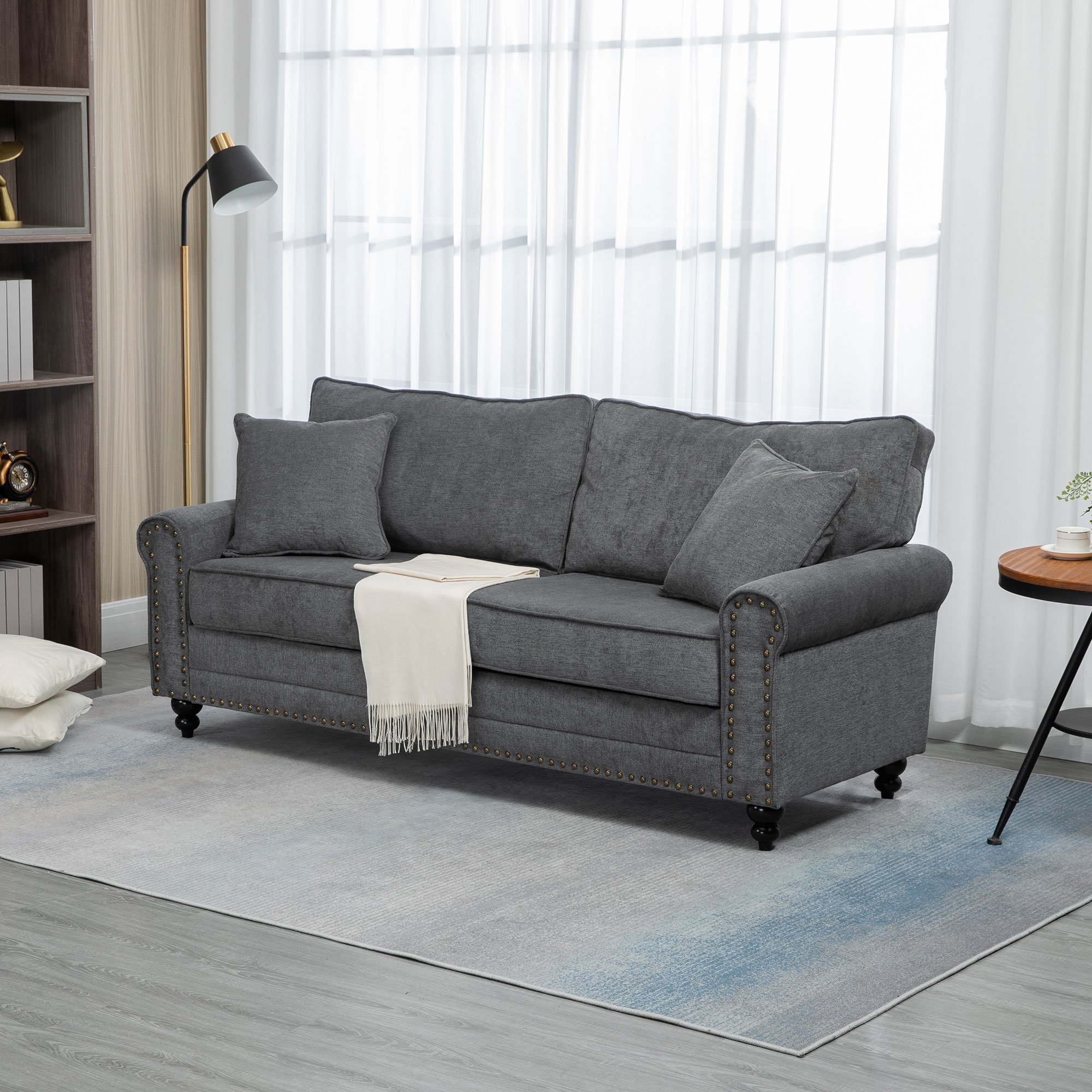 HOMCOM 3 Seater Fabric Sofa with Rubber Wood Legs - Grey - Image 5