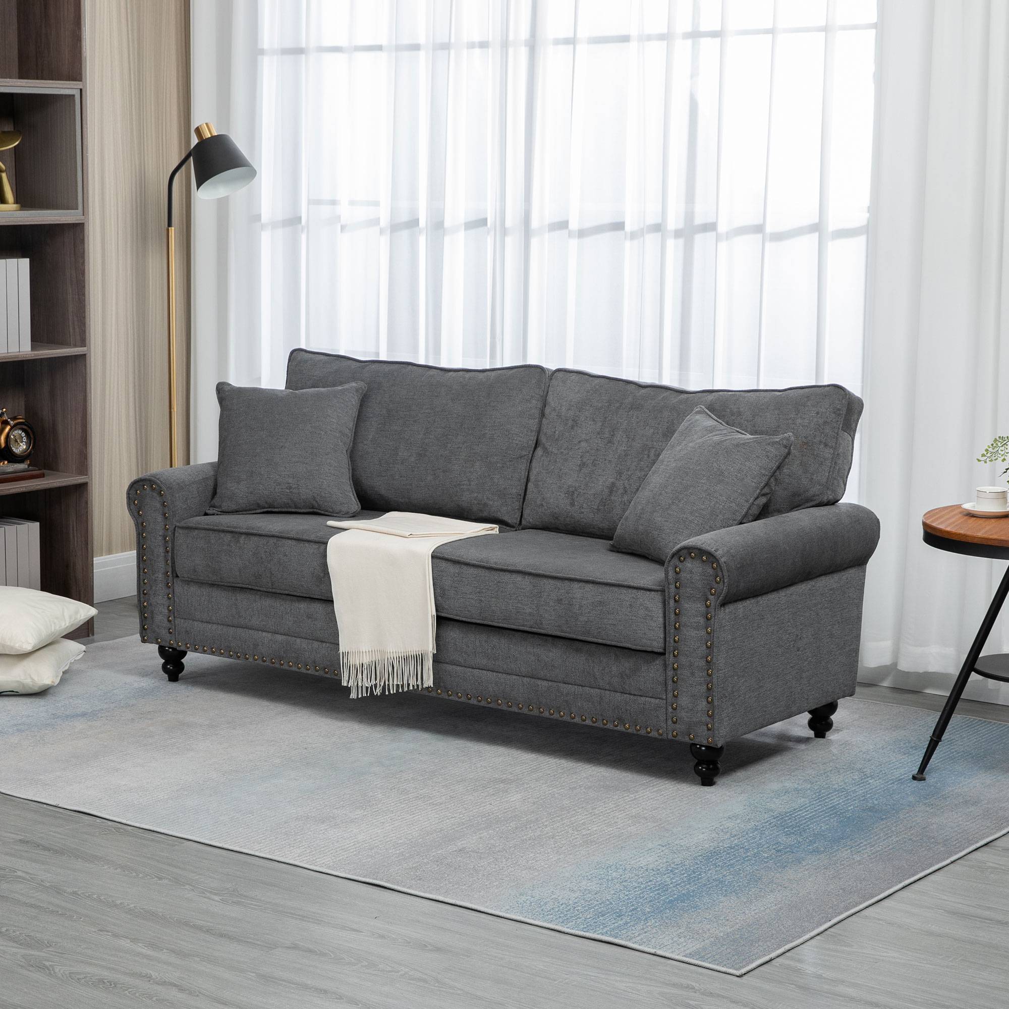 HOMCOM 3 Seater Fabric Sofa with Rubber Wood Legs - Grey - Image 5