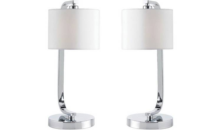 Loops Direct Pack of 2 Steel and Fabric Table Lamp - Chrome and White