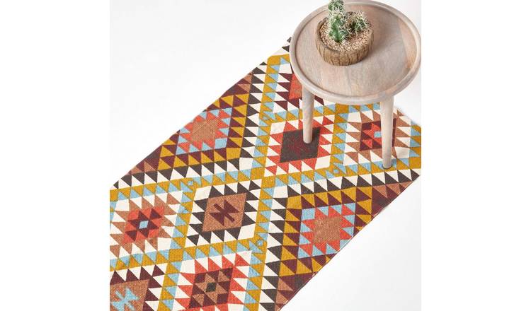 Homescapes Orange Brown Yellow Oslo Cotton Diamond Pattern Rug - 66 x 200cm