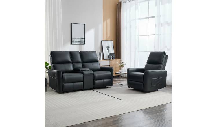 Furniture Online Madrid Manual Recliner Leather 1+2 Seater Sofa Set - Black