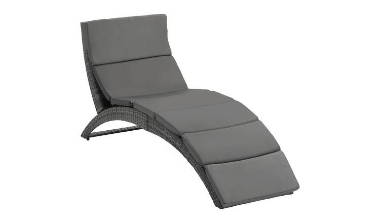 Outsunny Folding Rattan Curved Cushioned Sun Lounger - Grey