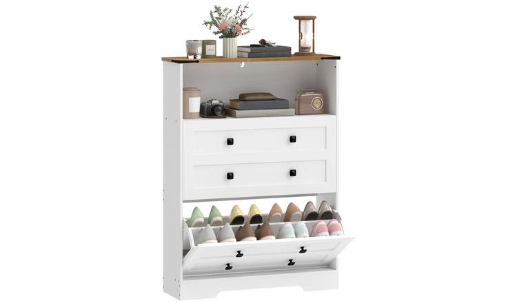 HOMCOM Farmhouse Narrow Shoe Storage Cabinet with Storage Shelf- White
