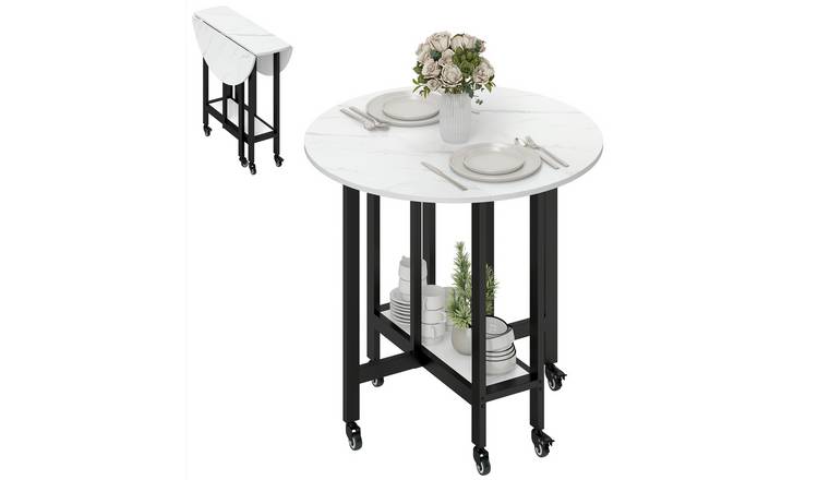 HOMCOM 2-4 Seater Round Rolling Drop Leaf Dining Table - White Marble