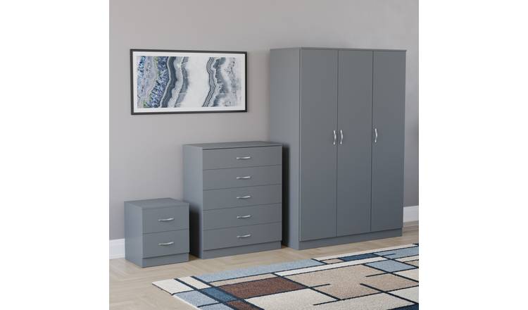 Vida Designs Riano Bedroom Set (Bedside, 5 Drawer Chest, 3 Door Wardrobe) - Grey