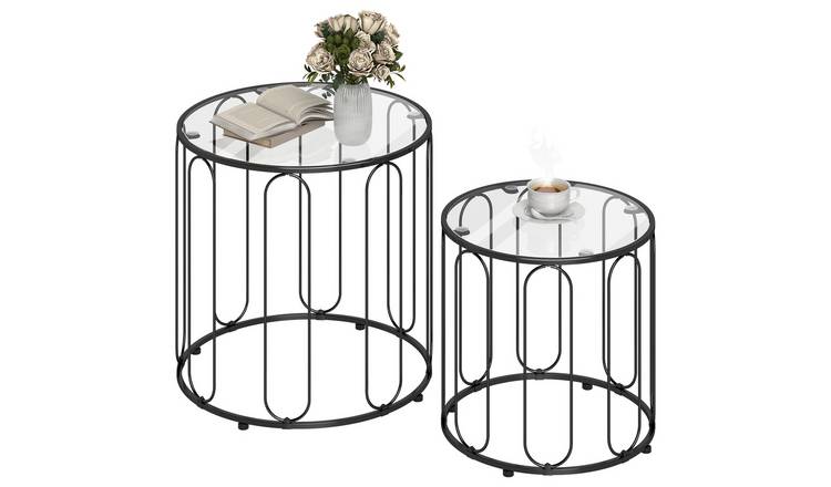HOMCOM Set of 2 Round Glass Nest of Tables with Metal Frame - Black