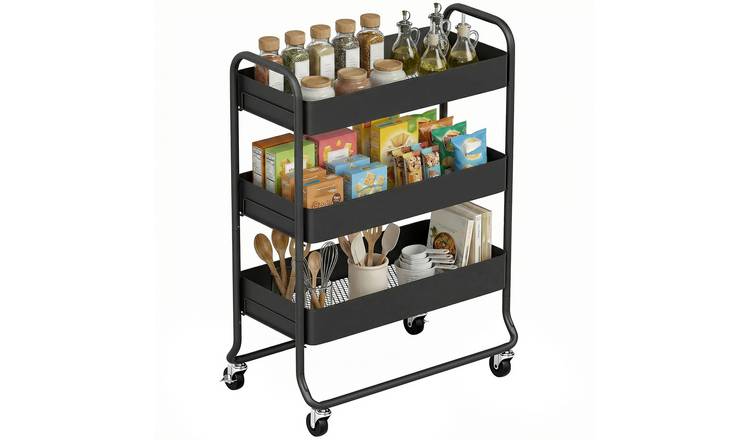 HOMCOM 3 Tier Metal Storage Trolley with Mesh Backets - Black
