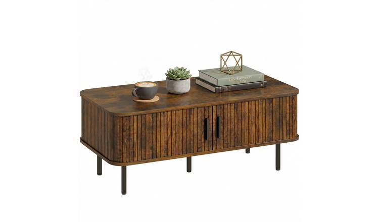 HOMCOM Coffee Table with Storage and Slatted Tambour Sliding Doors - Brown