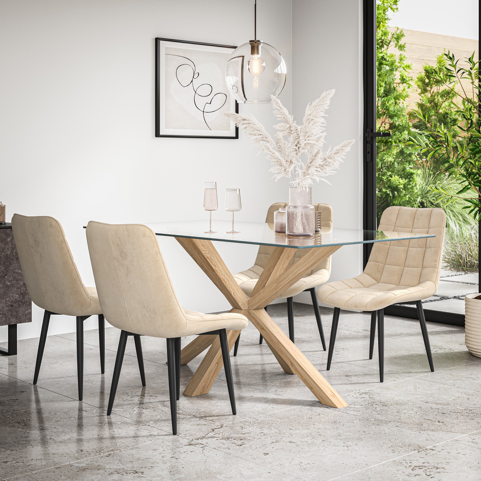 Furniture Online Etta Nova Glass Top Dining Table & 4 Beige Chairs - Image 1