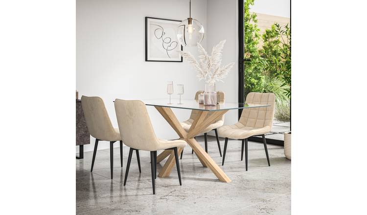 Furniture Online Etta Nova Glass Top Dining Table & 4 Beige Chairs