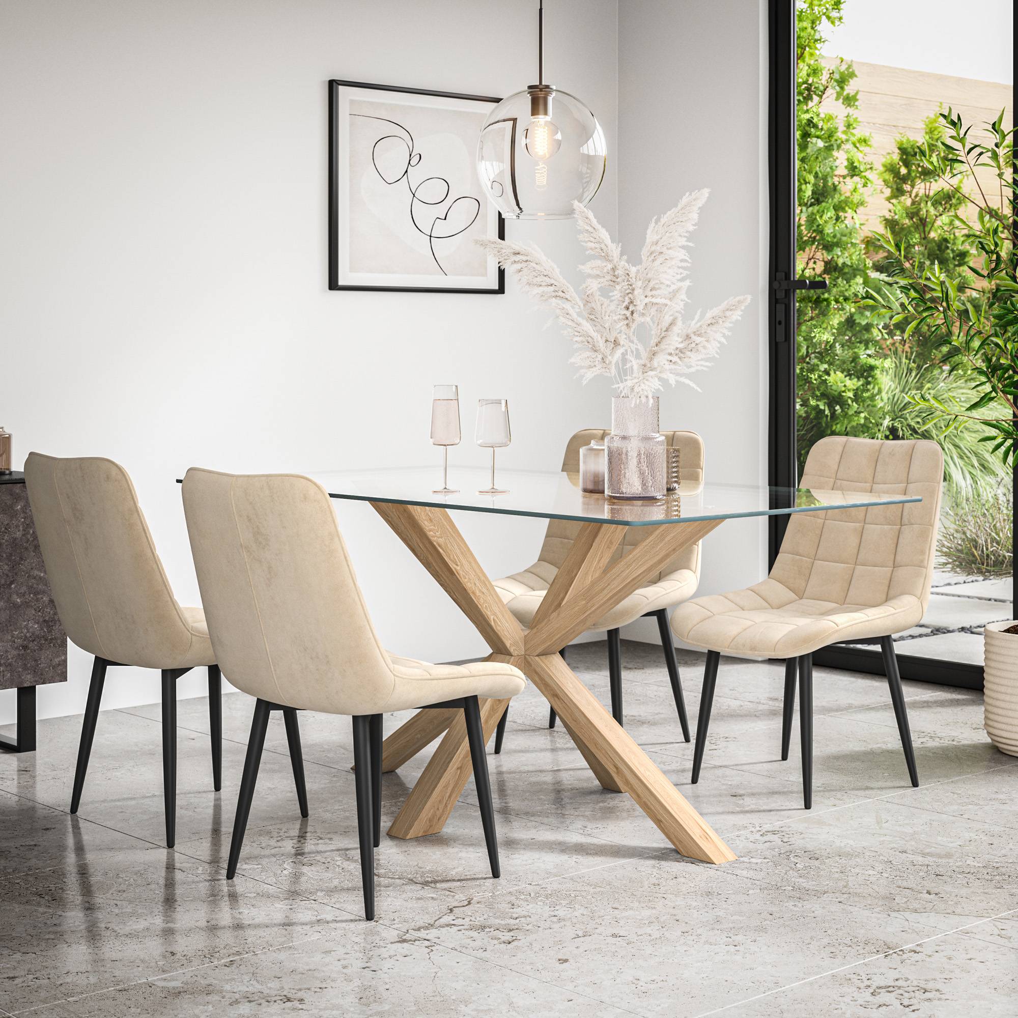 Furniture Online Etta Nova Glass Top Dining Table & 4 Beige Chairs - Image 1