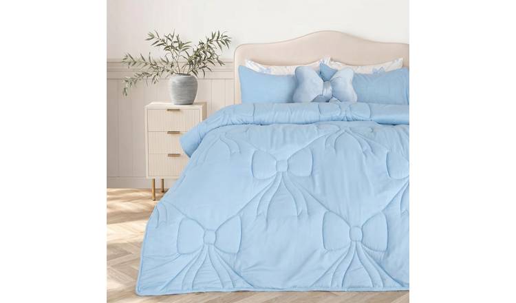 OHS Dusky Blue Bow Lattice Coverless 7.5 Tog Duvet Bedding Set - Single