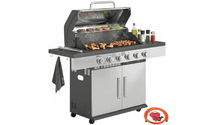 Outsunny Portable Gas BBQ Grill with Warming Rack and Cabinet – Silver
