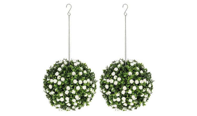HOMCOM Set of 2 Hanging Artificial Topiary Balls with Rose - White