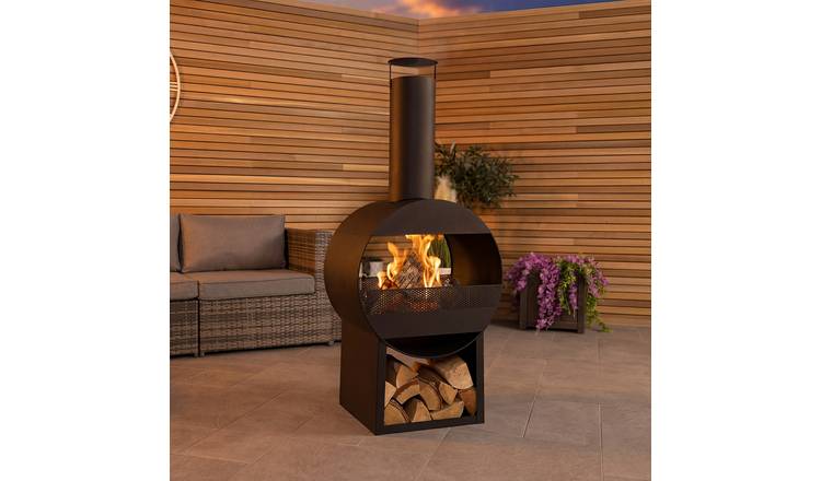 Charles Bentley 129cm Powder Coated Steel Modern Patio Heater Chimenea - Black