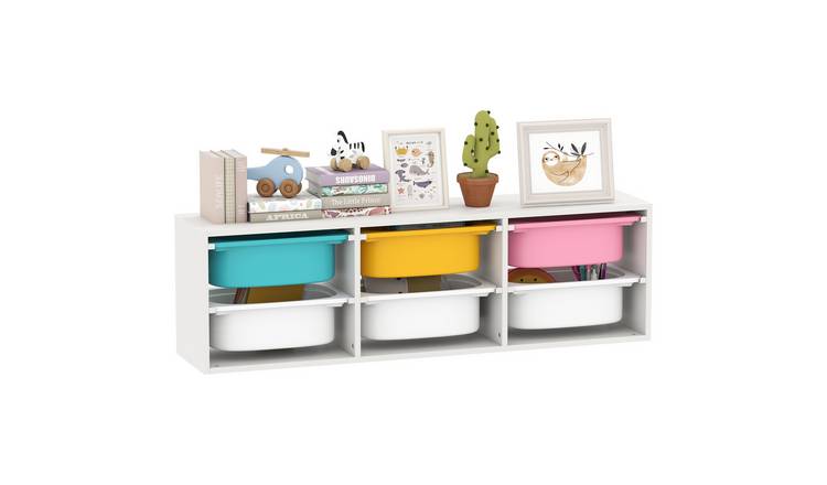 AIYAPLAY 6 Removable Plastic Bins Kids Storage Shelf - White Blue Pink Yellow