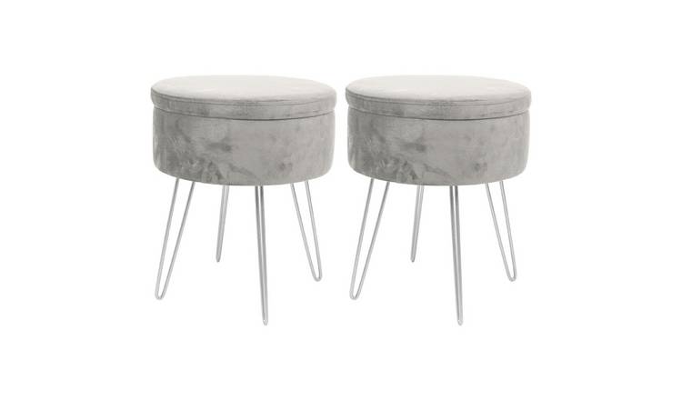 Harbour Housewares Round Velvet Storage Footstools - Grey/Silver - Set of 2