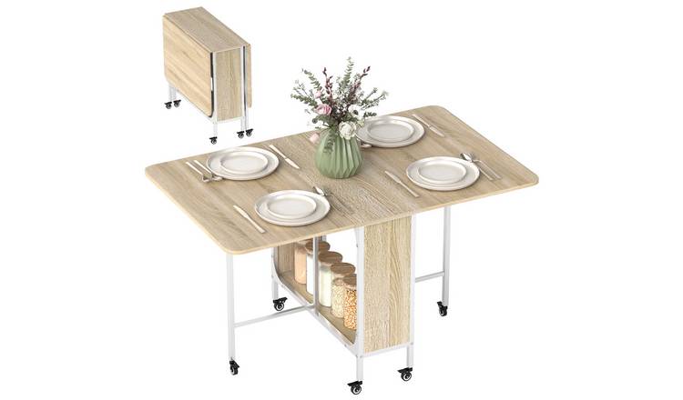 HOMCOM Mobile Drop Leaf Table with 6 Wheels and Shelf - Natural wood finish