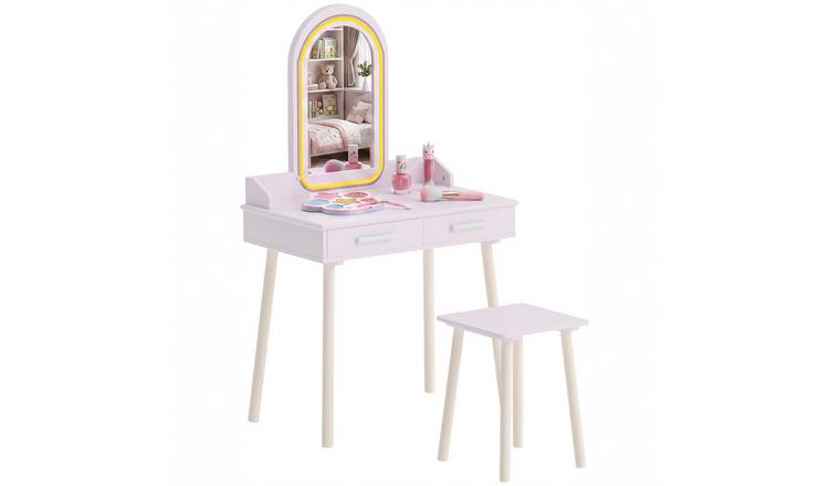 AIYAPLAY Ages 3-8 MDF LED Mirror 2 Drawer Dressing Table and Stool Set – Pink