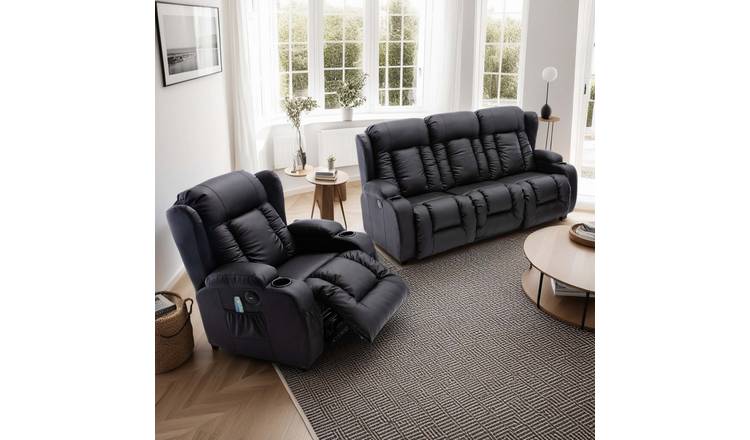 Furniture Online Caesar Electric Recliner Leather 1+3 Seater Sofa Set - Black
