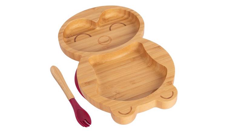 Tiny Dining Bamboo Penguin Baby Weaning Plate & Fork Set - Red