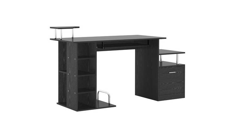 HOMCOM Computer Desk PC Workstation with Drawer Shelves - Black Wood Effect