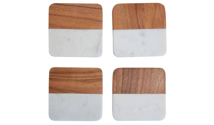 Orsina Set Of 4 Monzaro Marble and Acacia Wood Coasters - White and Natural