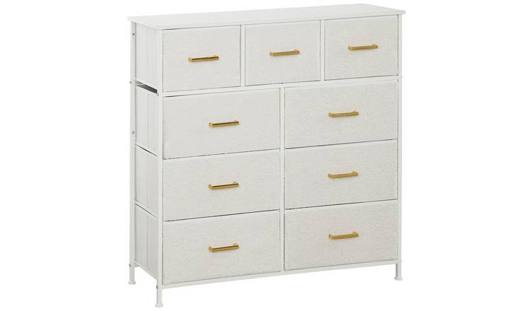HOMCOM 9 Drawer Boucle Fabric Dresser with Steel Frame - Cream White