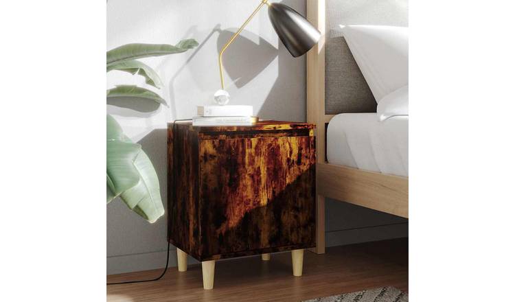 Walplus Pack of 2 Solid Wood Leg Bed Cabinet - Smoked Oak - 40 x 30 x 50 cm