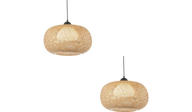 Loops Direct Set of 2 Rattan Steel Pendant Light - Natural Bamboo