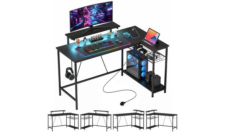 HOMCOM 132cm L Shaped Gaming Desk with LED Lights and power Outlet - Black