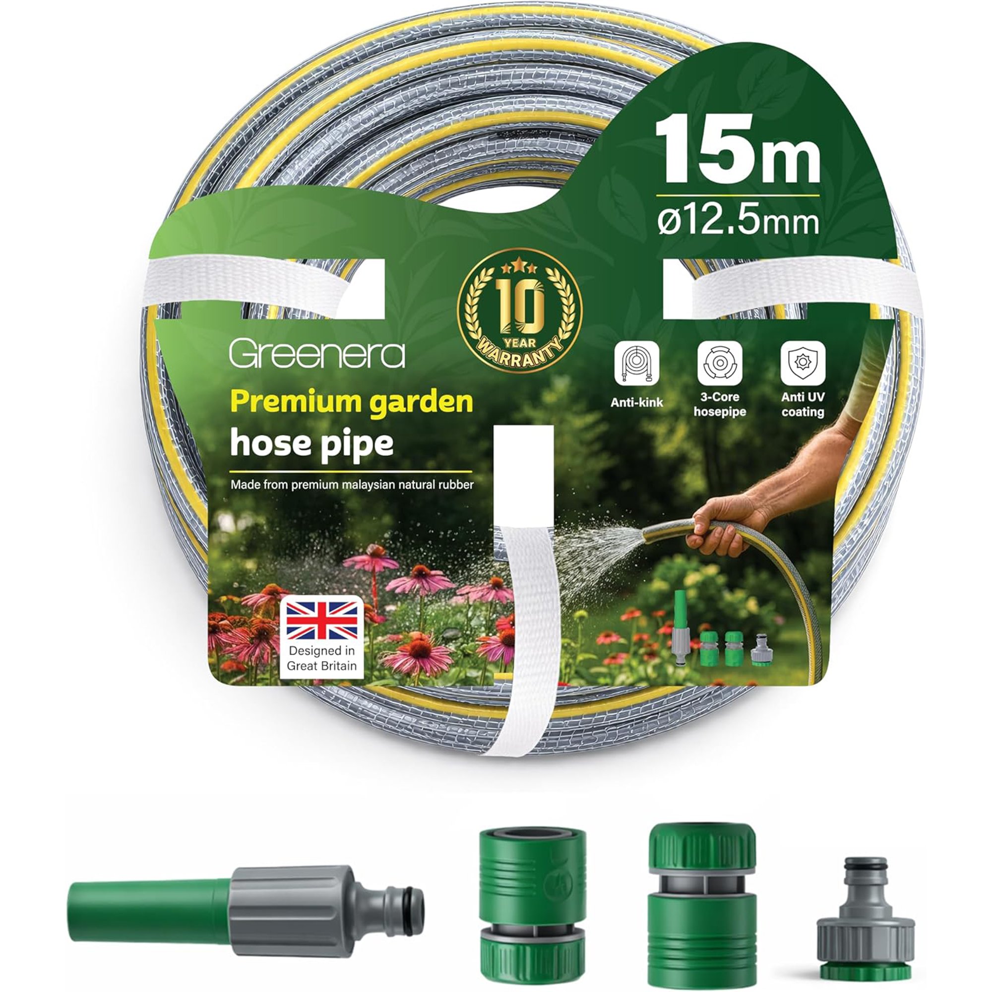 Greenera Garden Hose Pipe 12.5mm x 15m Starter Set - Image 1