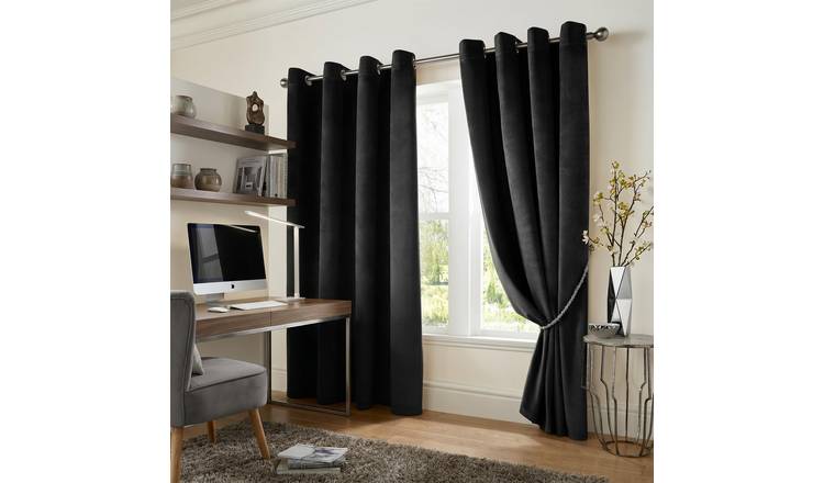 Luxury Living Velvet Eyelet Blackout Curtains 117cm x 229cm - Black