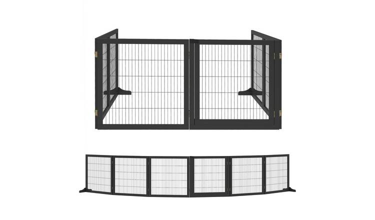 PawHut 6-Panel Wooden Freestanding Foldable Pet Gate - Black