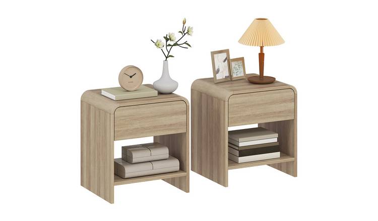 HOMCOM Set of 2 Bedside Tables with Rounded Corners and Drawer - Natural Wood