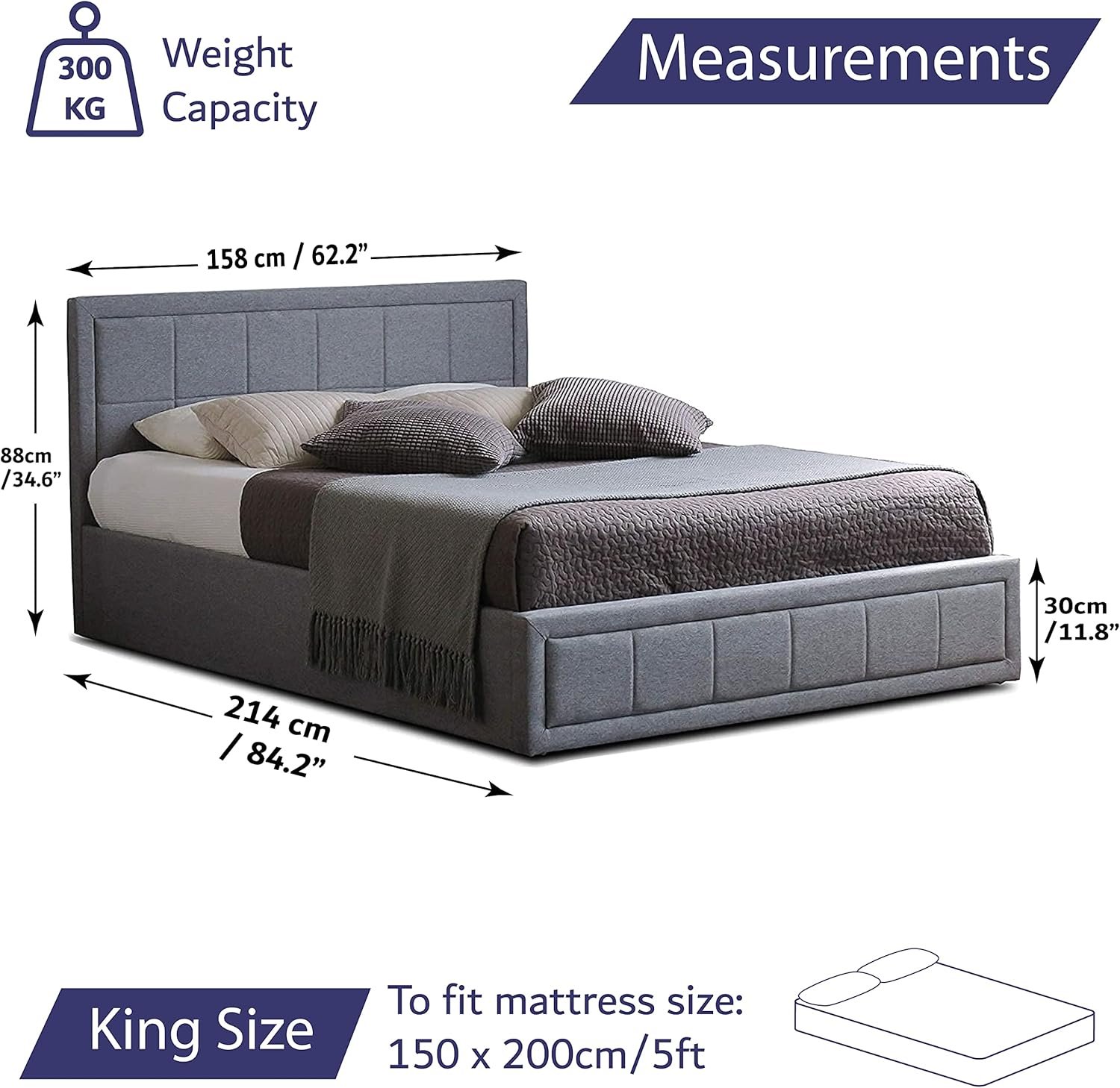 Home Treats King Size 5ft Ottoman Bed With Hybrid Mattress - Grey - Image 9