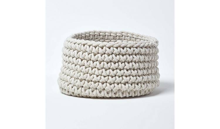 Homescapes Cotton Knitted Round Storage Basket - 37 × 21 cm - Natural
